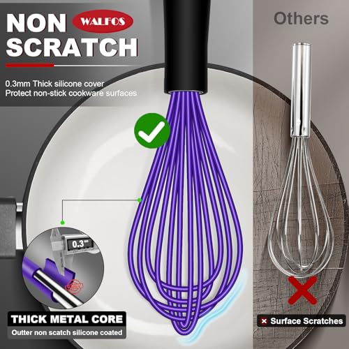 Walfos Whisk,7+9+11in Silicone whisk, BPA free Whisks for Cooking Non Scratch. Heat Resistant(480°F) Wisk. Perfect for Blending, Mixing, Beating etc.Dishwasher Safe.Set of 3 (Colorful) - color: Red+Blue+Green