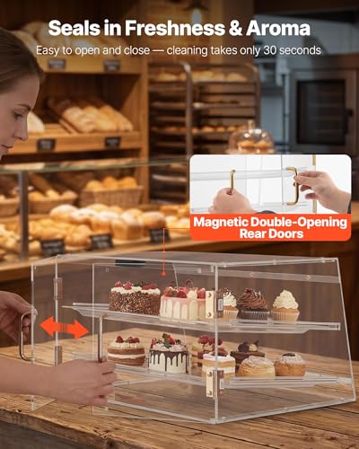 VEVOR Bakery Display Case, 2-Tier Commercial Countertop Pastry Display Case, Clear Acrylic Bread Box for Kitchen, Party Cake Cabinet with Magnetic Rear Door for Cookie Dessert Donut, 20.7"x15.7"x12" - size: 2-Tier