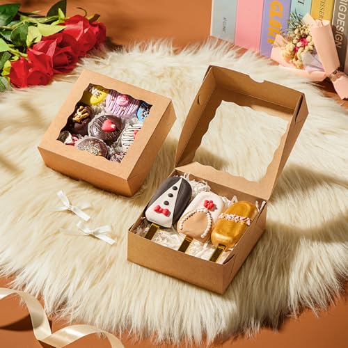 50 Pcs Bakery Boxes - 5x5x2 Inch with Window - Cookies, Mini Cakes, Chocolate Covered Strawberries, Macarons, Pies & Brownie Boxes - color: Brown