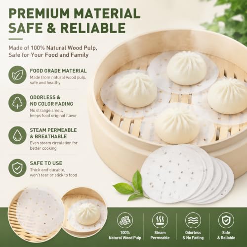 SEIWEI 100pcs 3.5in Air Fryer Parchment Paper Bamboo Steamer Paper Liners, Round Perforated Parchment Paper Sheets, Heat Resistant Non-stick Basket Mat, Perfect for Dumpling Steaming, Baking, Cooking - size: 3.5 inch