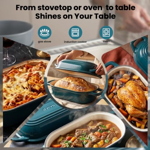 Oval Dutch Oven for Bread Baking,11.3x5.3 Enameled Cast Iron Bread Pan,Teal - color: Teal