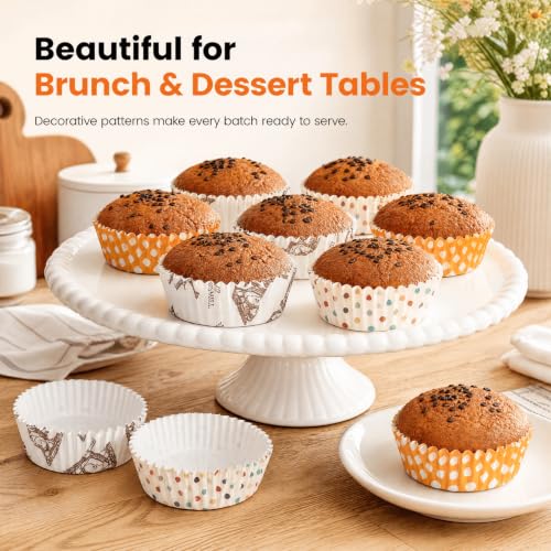 YOUEON 600 Pcs 3.5 In Jumbo Cupcake Liners Greaseproof, 6 Oz Large Paper Baking Cups Non-Stick, Jumbo Muffin Liners for Muffins, Cupcakes, Brownie, Quiche, Mini Snacks, Recyclable, 3 Pattern