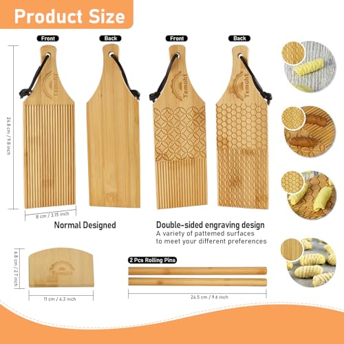 Gnocchi Board Set for Rolling Dough - includes 4-in-1 paddle and a standard paddle, 2 rollers and 1 cutter - Authentic Bamboo Butter Paddles, Pasta Shaping Tools, Gift for pasta enthusiasts