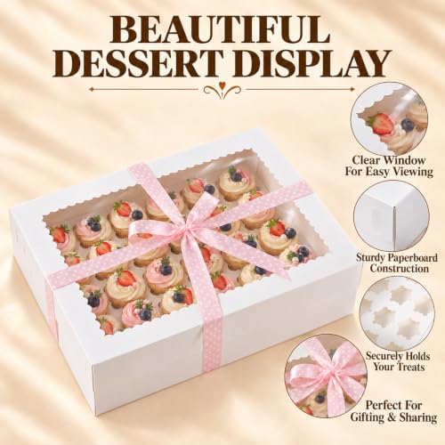 6Pack Cupcake Boxes with Window, 24 Count Cupcake Carriers - color: Pink Polka Dots
