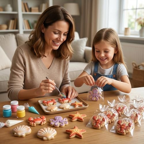 6Pcs Summer Ocean Animal Cookie Cutters Stamp 3D Crab Octopus Seashell Starfish Palm Tree Crawfish Cookie Cutter Shapes Plastic Cookies Molds for Baking Cute Fondant Cutters Beach Cookies Mold
