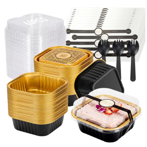 Mini Cake Pans with Lids, Aluminum Foil Cupcake Baking Cups - 10oz 60 Pack - color: Black, size: Square - 10oz