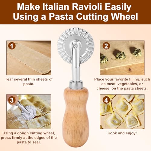 2pcs Fluted Pastry Cutter Wheels, Zinc Alloy Short Ravioli & Pasta Crimper Cutter with Wooden Handle Dough Roller Cracker Maker Tool for Home Kitchen Pizza Cookies Pie Crust Dumplings
