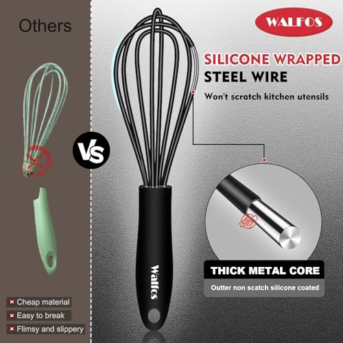 Walfos Silicone Whisk,7+9in Mini Whisk,BPA Free,Small Whisks for Non-Scratch,Heat Resistant (450°F) Nice for stirring individual eggs and mixing small amounts of powder and sauce.Dishwasher Safe.Black - color: Black