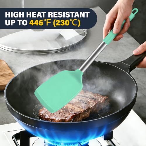 2 Pack Silicone Spatula Set, Solid & Slotted Turner for Non-Stick Pans - color: Teal