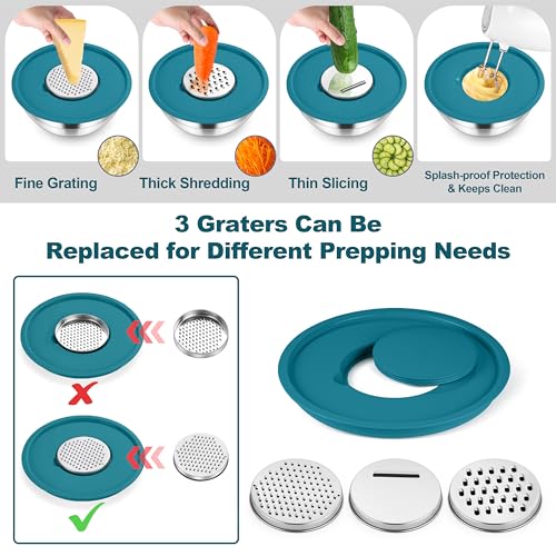 TeamFar Mixing Bowls, Stainless Steel Salad Bowl with Lid & Graters -Blue - color: Blue