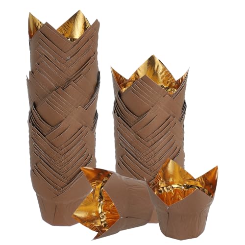 uxcell 50 Pcs Tulip Baking Cups Cupcake Muffins Liners Aluminum Foil Paper Greaseproof Wrappers for Weddings Birthday Party Festivals Christmas, Gold/Coffee - color: Gold/Coffee, size: 3.1