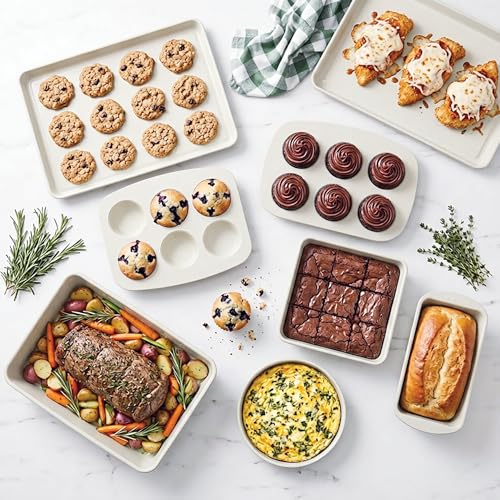 Larder & Vine 8-Piece Stackable Bakeware Set, Ceramic-Coated Nonstick Baking Pan Set, Non-Toxic, with Baking Sheets, Muffin Pan, Loaf Pan & Cake Pans, French Gray - color: French Gray