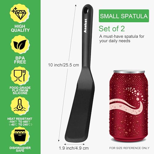 Anaeat Silicone Thin Spatula Set of 2 - Mini Brownie Serving Spatulas - Non Stick Spurtle Turner for Easy Cooking Eggs, Omelet, Pancake, Burgers, Pizza, Steak, Crepes, Heat Resistant & BPA Free - color: 2 Pcs Thin Spatulas (Black & Red), size: Thin Spatul