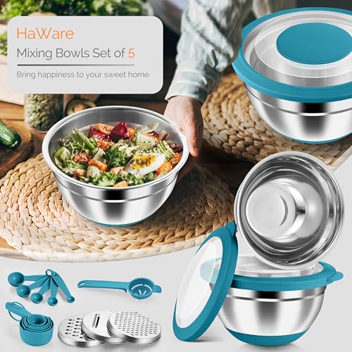 HaWare Mixing Bowls, 24-Piece Stainless Steel Salad Serving Bowl with Airtight Clear Lids, Metal Nesting Bowl For Kitchen Cooking Prepping Storing with 3 Graters, 4.6/2.6/1.5/1/0.7 QT, Teal Blue - color: Teal Blue