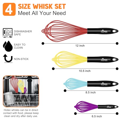 HOTEC 4Pcs Silicone Whisk Set, Wire Balloon Whisks for Cooking Egg Beater - color: Red,Yellow,Blue,Purple