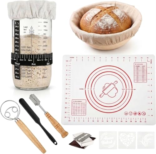 Sourdough Starter Kit | 34Oz Sourdough Bread Baking Supplies - Banneton Bread Proofing Basket, Sourdough kit Included 1x Bread Proofing Basket, Thermometer - Easy to Clean Banneton Basket