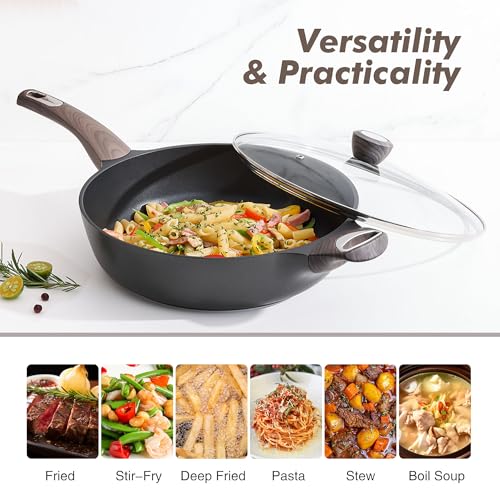 SENSARTE Nonstick Frying Pan Skillet with Lid, 12 Inch Large Deep Frying Pan, 5 Qt Non Stick Saute Pan with Cover, Induction Pan, Healthy Non Toxic Cooking Pan with Helper Handle, PFOA PFOS Free - color: Classic Black, size: 5QT / 12IN