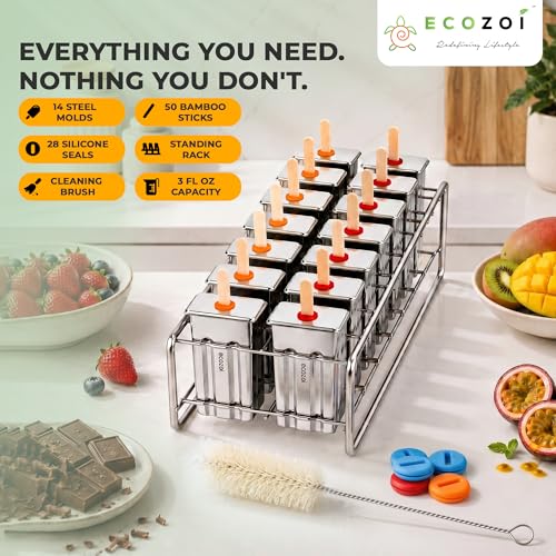 ecozoi Stainless Steel Popsicle Molds Set, 14 Metal Ice Pop Trays, 3 Ounce - size: Square-14 Molds