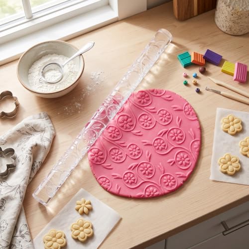Rengue Floral Vine Embossed Acrylic Rolling Pin, 16×1cm Dough Roller (#26) - size: 52017 flowers and plants