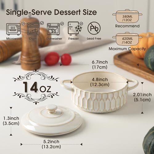 Mini Cocotte Set of 4, 14 oz Ceramic Casserole Dishes with Lids - color: Beige