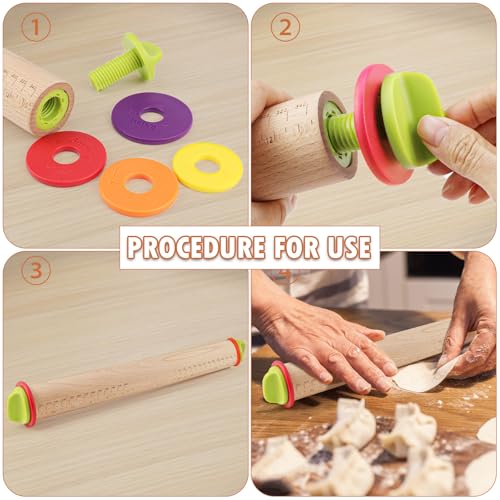 17Inch Wooden Rolling Pin, Rolling Pin with 4 Adjustable Thickness Ring, Graduated Rolling Pin for Baking, Fondant, Pizza, Crust, Cookies, Pastry