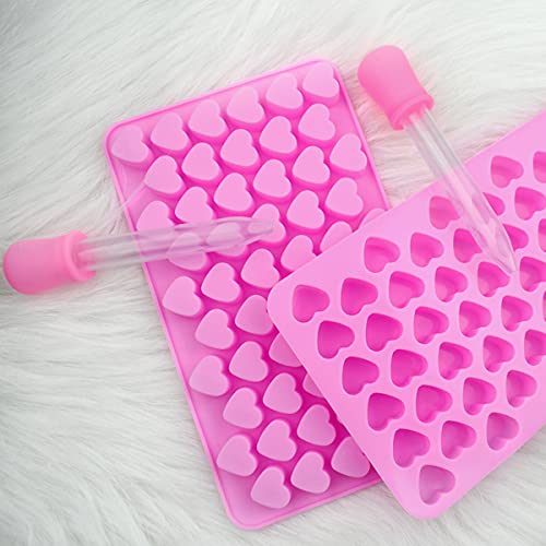 2 Pack Silicone Mini Hearts Molds with 2 Droppers Ice Cube Heart Mold Mini Hearts Shape Mould for Baking Silicone Molds for Chocolate Gummy Candy Soap Jelly Cake Heart Ice Tray (Pink)