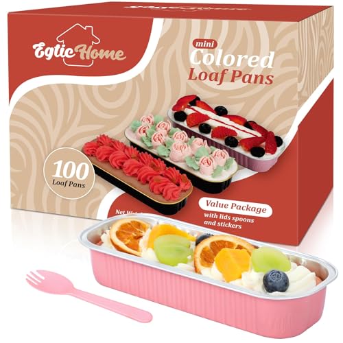 Mini Loaf Pans with Lids and Spoons (100 Pack, Pink, 6.8oz) Rectangular Aluminum Foil Baking Pans - color: Pink