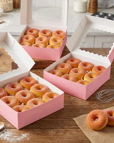 qiqee Auto-pop up Cookie Box with Window 8"x8"x2.5" 240Pcs Bakery Box Pink - color: 240Packs, Pink