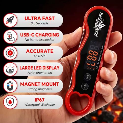 0.3s Fast Read Meat Thermometer – USB-C Rechargeable,Red - color: Red