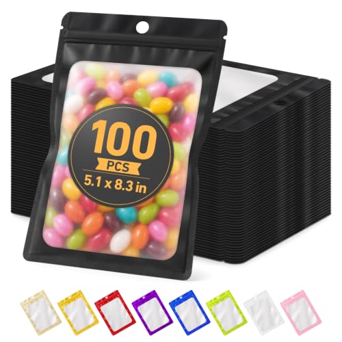 100Pcs Mylar Bags Resealable, Black Smell Proof Zip Bag 5.12x8.27" - color: Black, size: 5.12x8.27 Inch