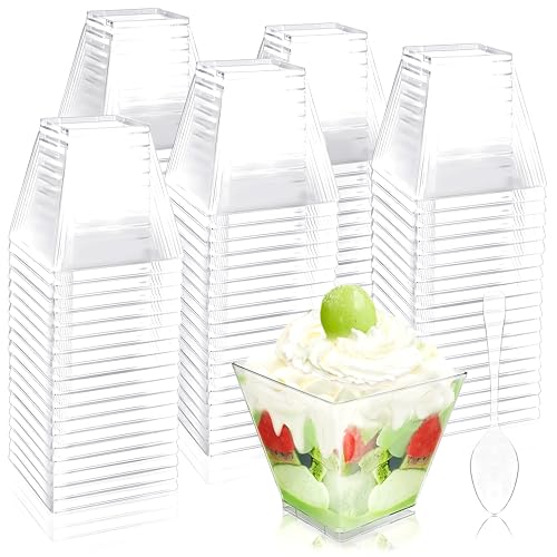 Jnnzzggu 100Pcs 3.5 oz Mini Dessert Cup with Spoons,Square Plastic Dessert Cups,Clear Parfait Appetizer Cup for Ice Cream,Birthday,Parties,Jellies,Nuts,DIY,Wedding - size: 100pcs 3.5oz