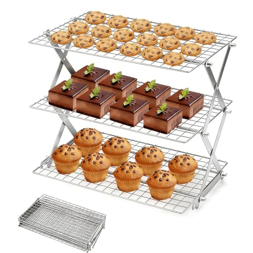 Collapsible Cooling Rack with Adjustable 3 Setting, Wire Cooling Roasting Cooking Baking Drying Rack for Cookies Bread Turkey, Candy, Fruit, Snacks (Silver- 3 Tier) - size: Silver- 3 Tier