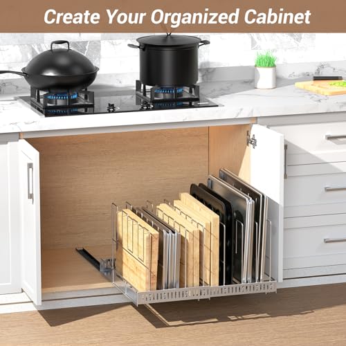 Housolution Pull Out Baking Tray and Cookie Sheet Cutting Board Organizer - color: Silver, 8 Dividers