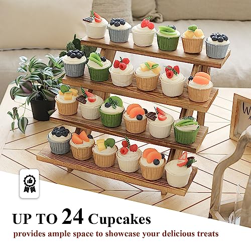 SwallowLiving Wooden Rustic Cupcake Stand for 24 Cupcakes, Stepped Wood Display Stand for Weddings, Tiered Party Table Display Riser for Food , Dessert, Cookie, Decor, Craft Show, Burnt - color: Burnt | 4-tier