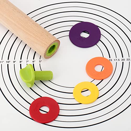 Rolling Pin with Thickness Rings,13.6''Dough Roller & Mat Fits Baking Dough - color: Wood