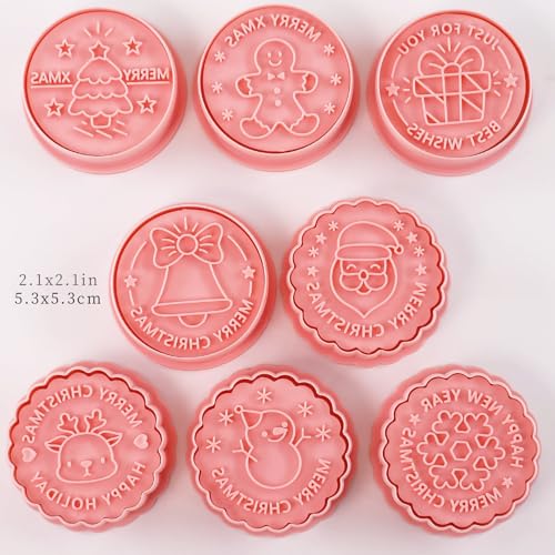 Christmas Round Cookie Stamp 8Pcs Snowflake Reindeer Embossing Baking Molds - color: Xmas E