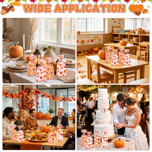 Fall Thanksgiving Cellophane Treat Bags - 50Pcs 5 x 11 Inch Autumn Pumpkin & Maple Leaf Candy Bags with 60 Gold Twist Ties, Plastic Goodie Bag for Cookies, Snacks, Gift Wrapping & Harvest Party Favors - color: Fall 50pcs