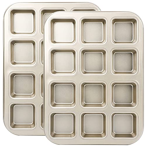 Beasea Brownie Pan with Dividers, 2 Set Gold All Edges Square Cupcake Brownie Pans 12 Mini Cavity Non Stick Baking Carbon Steel Bread Mold Small Edge 3x4 Individual Cutter Sheet Tray for Cake Oven - color: Gold Brownie
