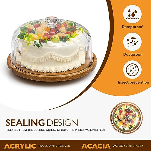 Cake Stand with Lid, Rotating Cake Holder with Dome, Wood Lazy Susan with Cover, Cake Stand for Party,Birthday,Parties,Baking Gifts(12 Inch with Dome)