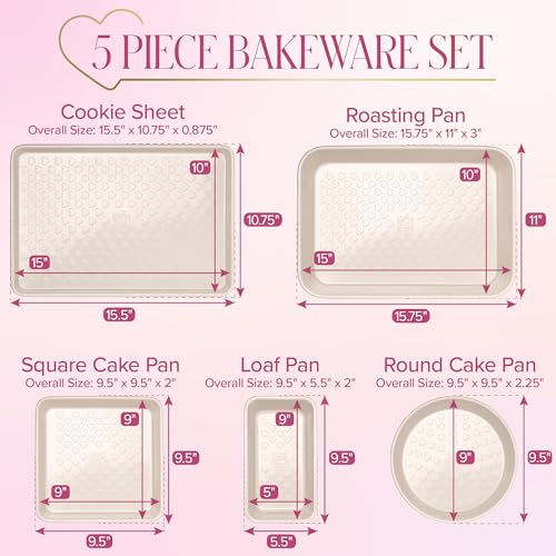 Paris Hilton 5-Piece Baking Pans Set, Nonstick Heart Pattern Bakeware Set with Heavy Duty Carbon Steel, Includes Square Pan, Round Pan, Loaf Pan, Roasting Pan & Cookie Sheet, 5-Piece, Pink - size: 5-Piece