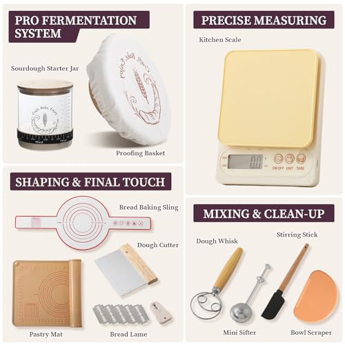 Emojoy Sourdough Starter Kit, Sourdough Bread Baking Supplies with 9" Round Bread Proofing Basket, Large Capacity Sourdough Starter Jar, Food-Grade Silicone Pastry Mat, Kitchen Scale