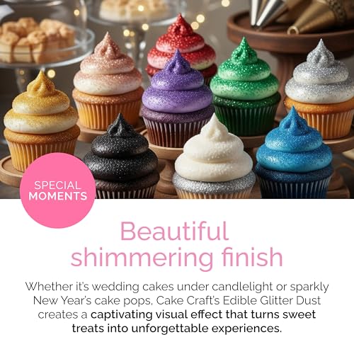 Cake Craft Edible Glitter Dust 4-Pack | 100% Edible Food-Safe Glitter for Cakes, Cupcakes, Cocktails & Desserts | Gold, Silver, Rose Gold, White - color: Gold, Silver, Rose Gold, White, size: Pack of 4