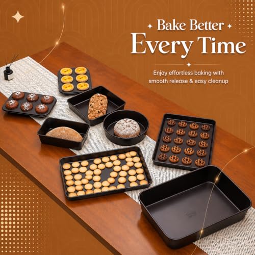 Nonstick Bakeware Set 8 Piece - Stackable Baking Pan Set, Oven safe 450°F, Carbon Steel Baking Set with Muffin, Loaf, Cookie Sheets & Roaster, Easy Storage, BPA-Free (Dark Brown) - color: Dark Brown