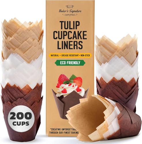 Tulip Cupcake Liners 200 Pcs, Parchment Paper Muffin Cups for Baking - color: 2.Brown White Beige