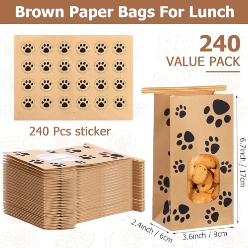 Tenceur 240 Pcs Dog Paw Bakery Bags with Window Paper Cookie Bags, Brown - color: Brown