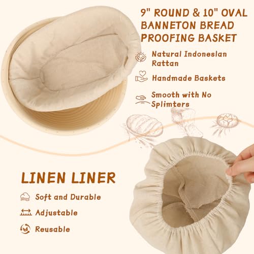 52 Pcs Sourdough Starter Kit, Sourdough Bread Baking Supplies with 9" Round & 10" Oval Banneton Bread Proofing Basket, Cooling Rack, Sour Dough Starter Jar, Bread Making Kit Gifts for Women Wife Mom