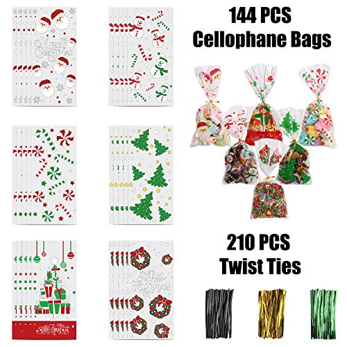 STEFORD 144PCS Christmas Cellophane Bags,Xmas Clear Candy Treat Cellophane Bag with 210PCS Twist Ties for Christmas Party Favors