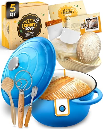 CRUSTLOVE 5 QT Enameled Dutch Oven for Bread Baking with Lid & Baking Set - color: Blue, size: 5QT Round