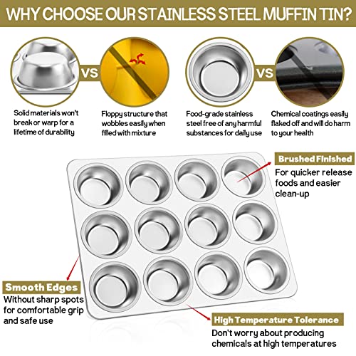 TeamFar 12-Cup Muffin Pan, Stainless Steel Cupcake Pans Muffin Tin Set