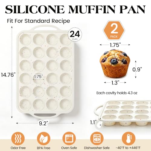 Vinino Mini Muffin Pan with Metal Reinforced Frame-2Pack, Silicone Cupcake Pan for Baking 24 Cup Mini Size, BPA Free Silicone Muffin Tray, Cupcake Baking Pan Molds for Oven Dishwasher Safe - Cream - size: Mini